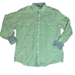 Bohio Green 100% linen button down causal shirt cuffed  Mens size large